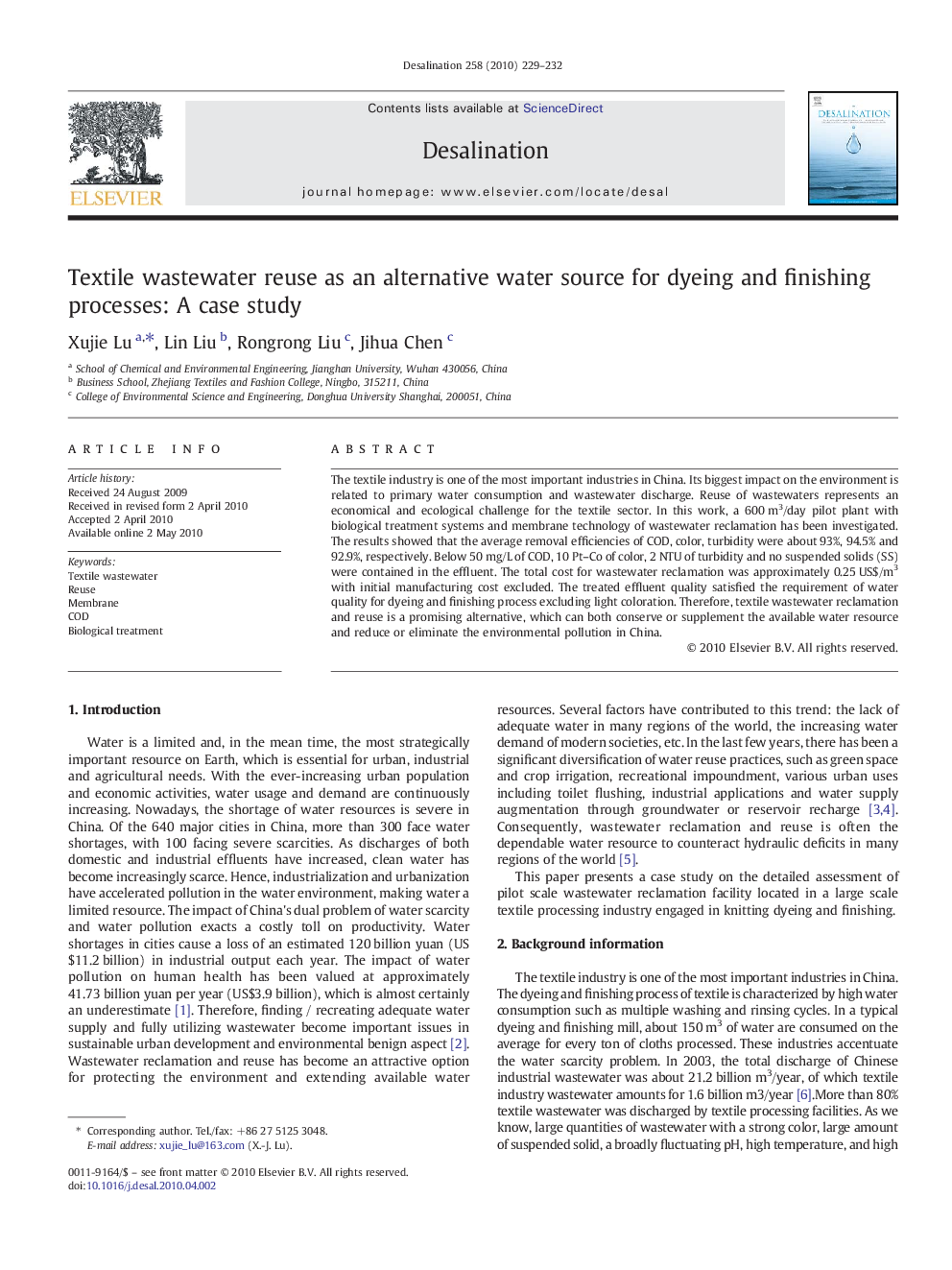 Textile wastewater reuse as an alternative water source for dyeing and finishing processes: A case study