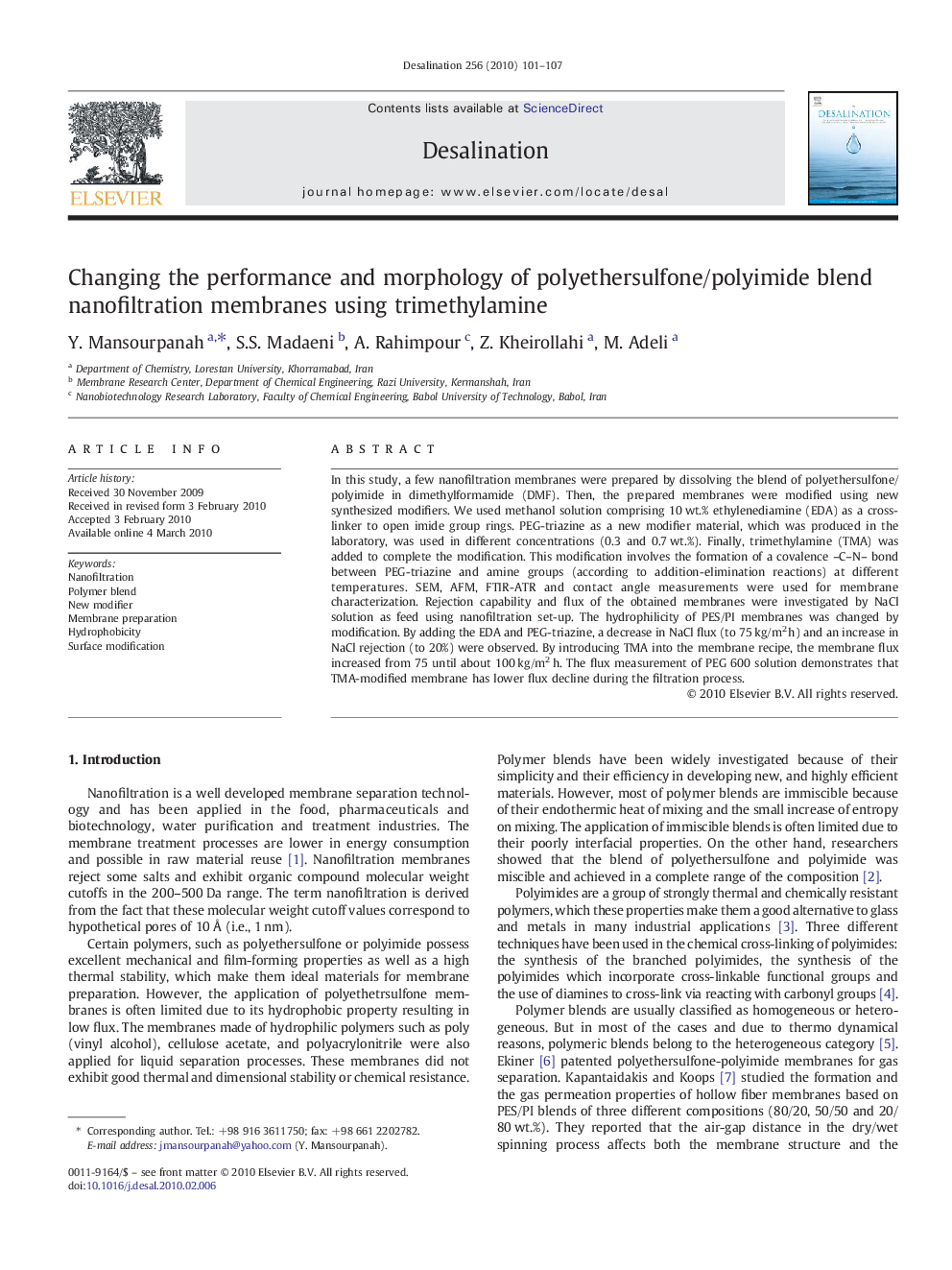 Changing the performance and morphology of polyethersulfone/polyimide blend nanofiltration membranes using trimethylamine