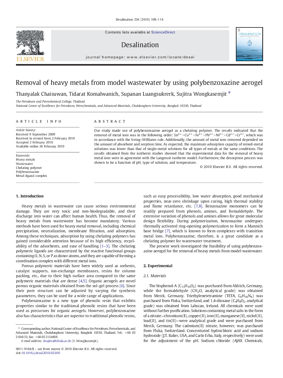 Removal of heavy metals from model wastewater by using polybenzoxazine aerogel