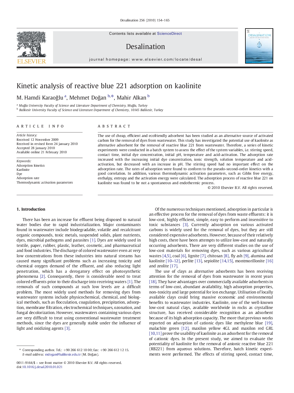 Kinetic analysis of reactive blue 221 adsorption on kaolinite