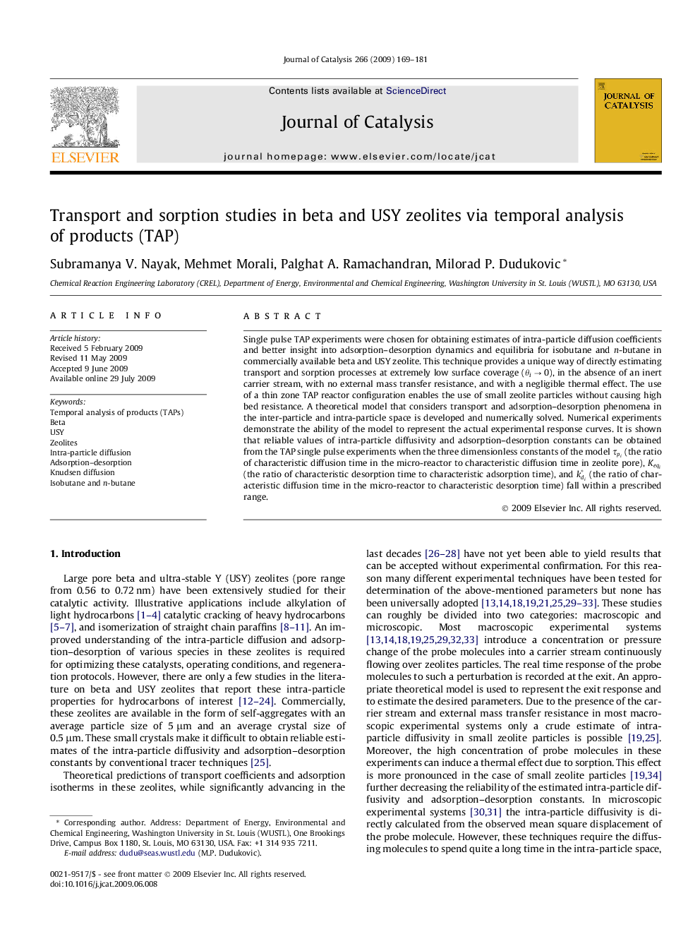 Transport and sorption studies in beta and USY zeolites via temporal analysis of products (TAP)