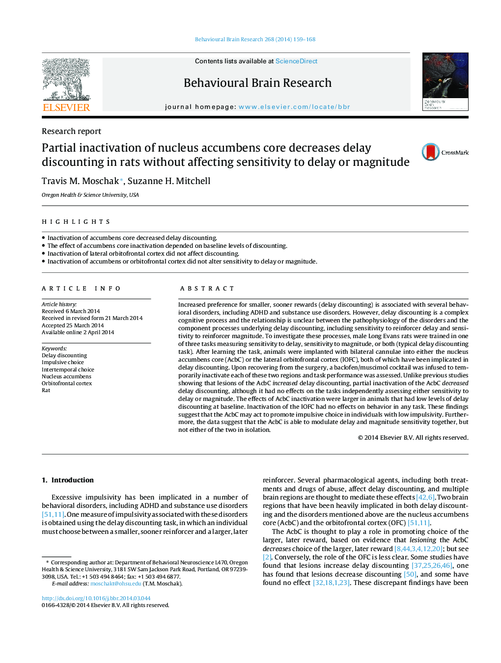 Research reportPartial inactivation of nucleus accumbens core decreases delay discounting in rats without affecting sensitivity to delay or magnitude