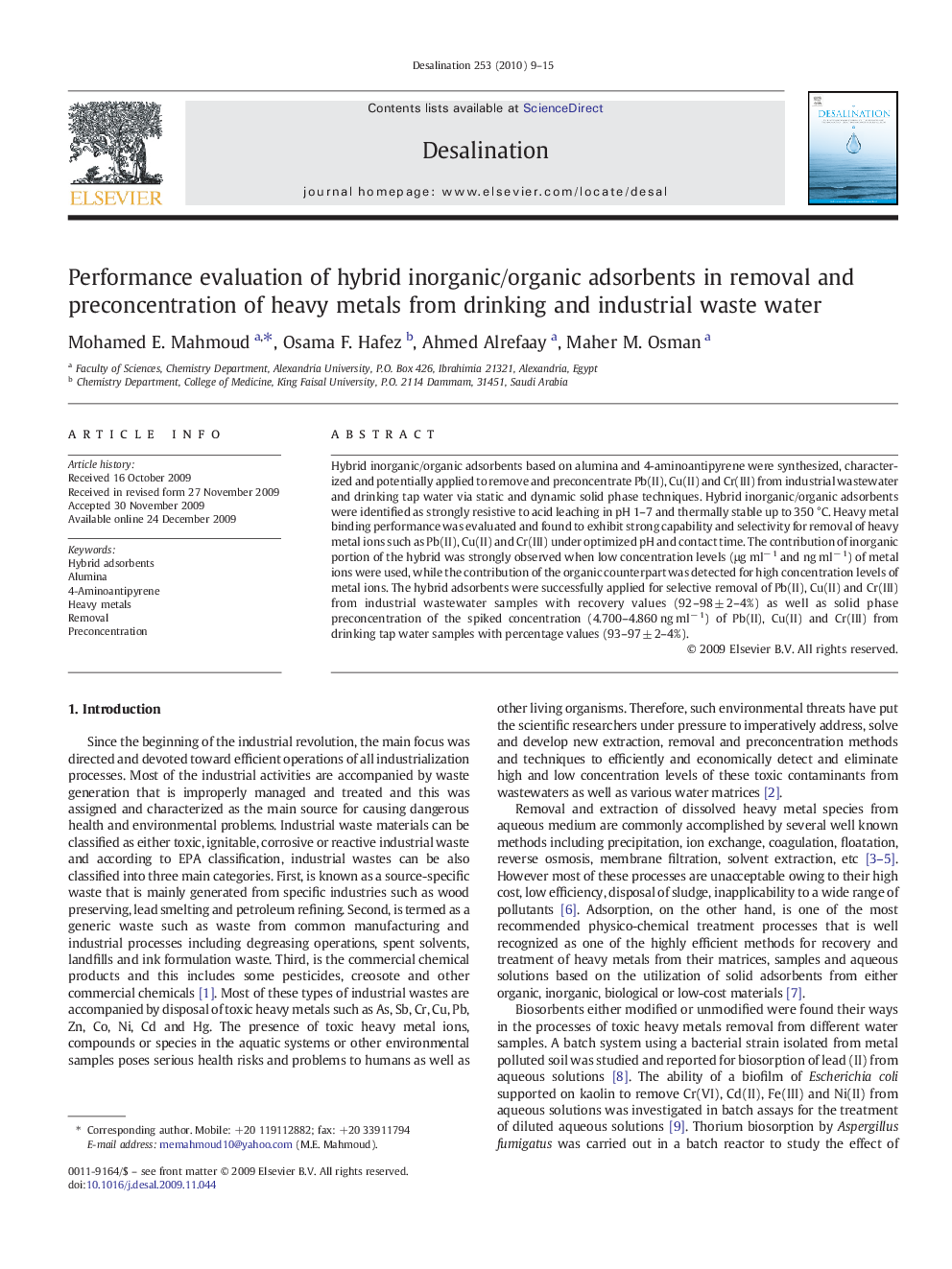 Performance evaluation of hybrid inorganic/organic adsorbents in removal and preconcentration of heavy metals from drinking and industrial waste water