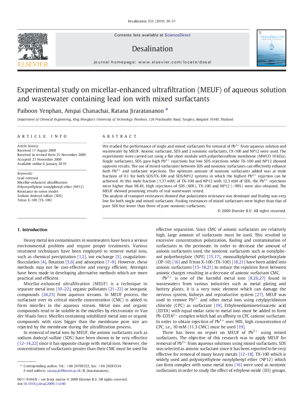 Experimental study on micellar-enhanced ultrafiltration (MEUF) of aqueous solution and wastewater containing lead ion with mixed surfactants