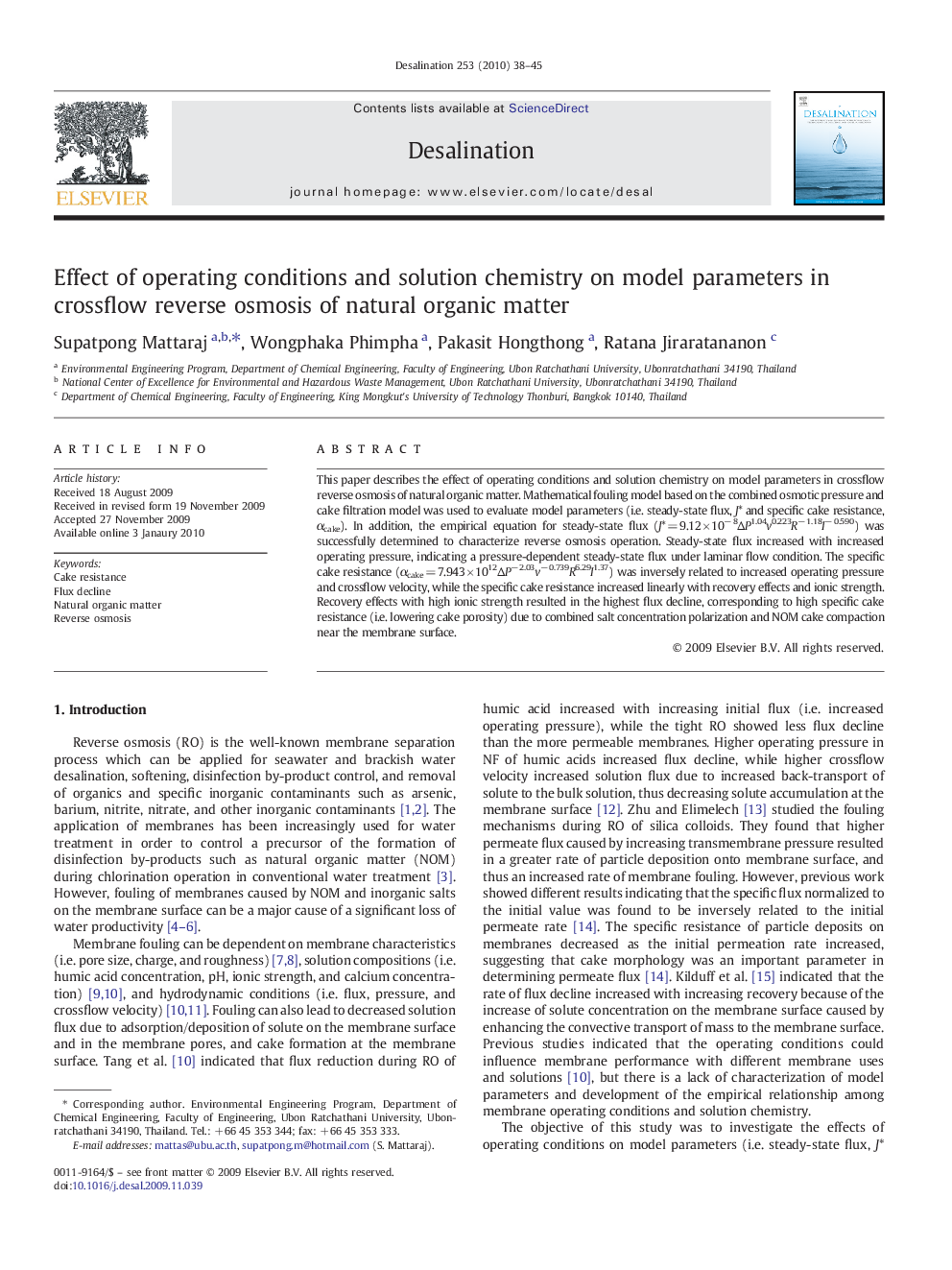 Effect of operating conditions and solution chemistry on model parameters in crossflow reverse osmosis of natural organic matter