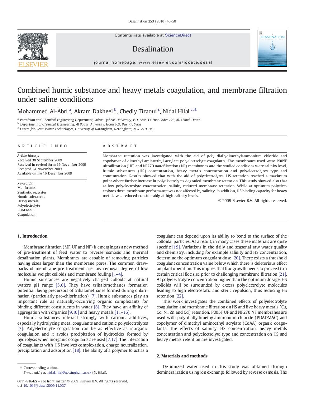 Combined humic substance and heavy metals coagulation, and membrane filtration under saline conditions