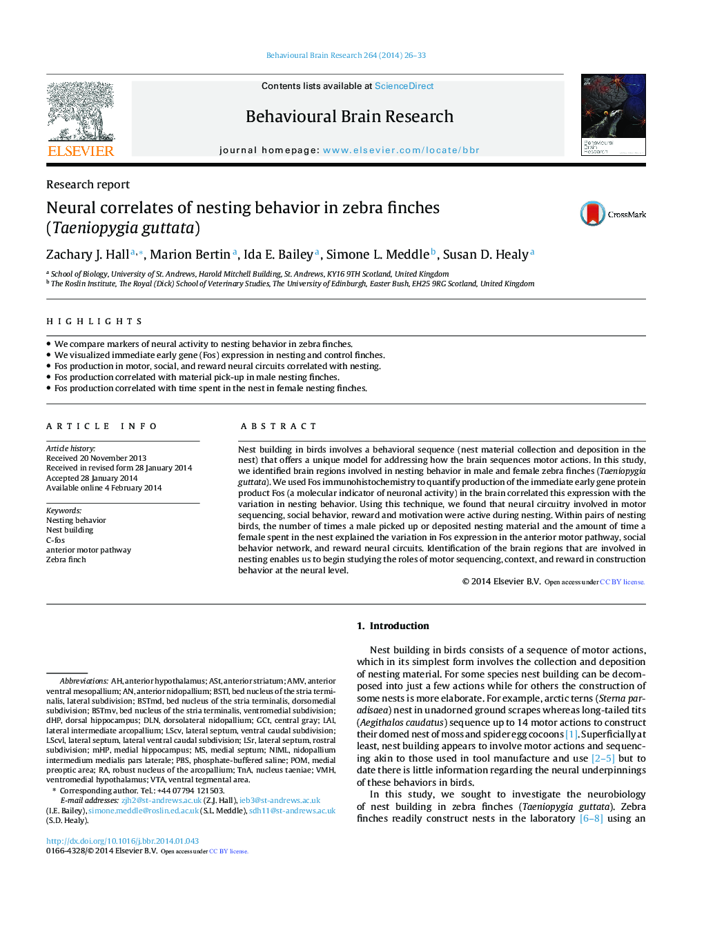 Research reportNeural correlates of nesting behavior in zebra finches (Taeniopygia guttata)