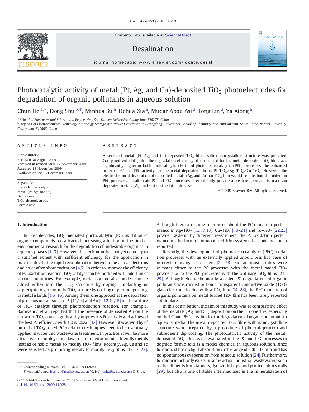 Photocatalytic activity of metal (Pt, Ag, and Cu)-deposited TiO2 photoelectrodes for degradation of organic pollutants in aqueous solution