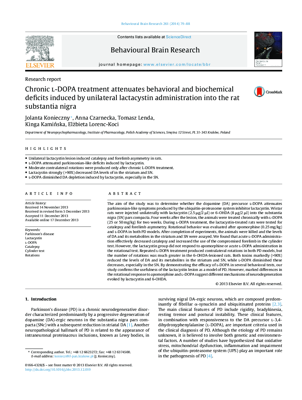 Research reportChronic l-DOPA treatment attenuates behavioral and biochemical deficits induced by unilateral lactacystin administration into the rat substantia nigra