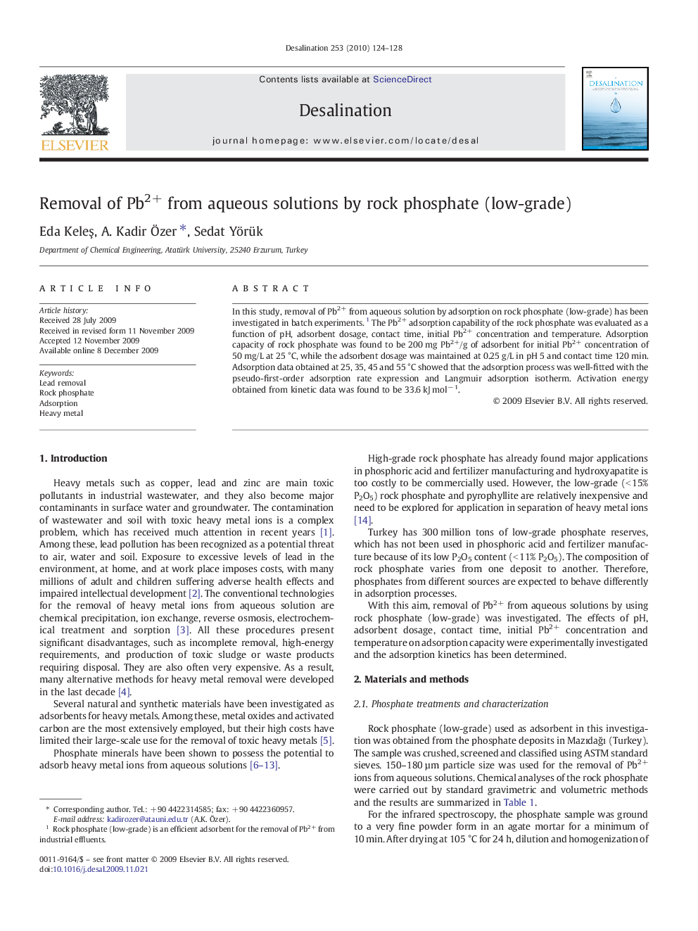 Removal of Pb2+ from aqueous solutions by rock phosphate (low-grade)