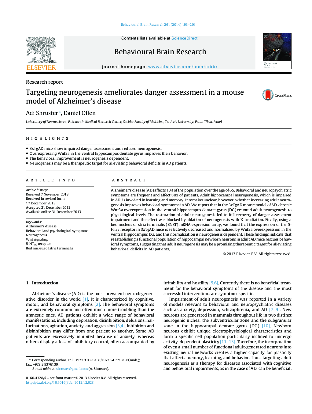 Research reportTargeting neurogenesis ameliorates danger assessment in a mouse model of Alzheimer's disease