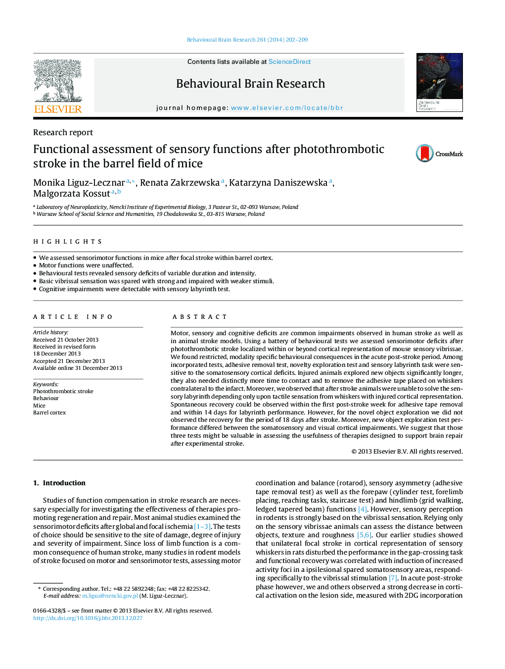 Research reportFunctional assessment of sensory functions after photothrombotic stroke in the barrel field of mice