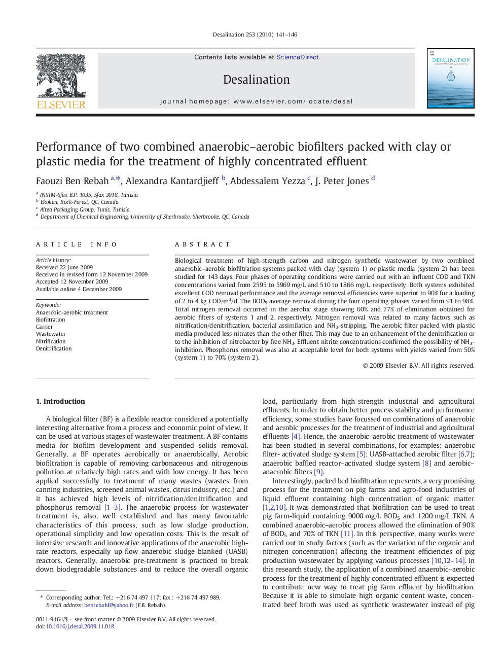 Performance of two combined anaerobic–aerobic biofilters packed with clay or plastic media for the treatment of highly concentrated effluent