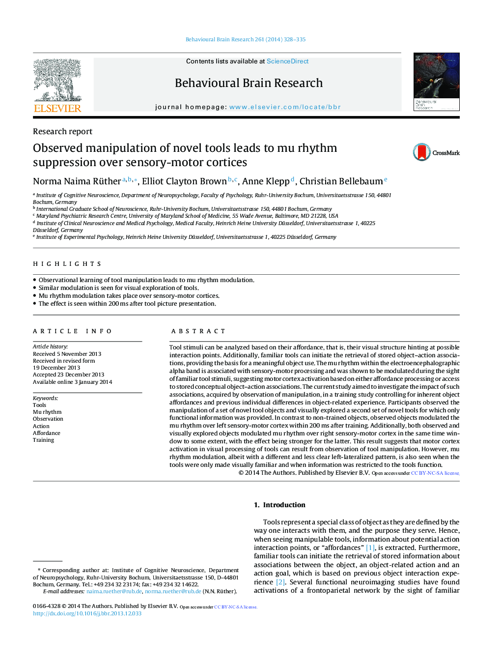 Research reportObserved manipulation of novel tools leads to mu rhythm suppression over sensory-motor cortices