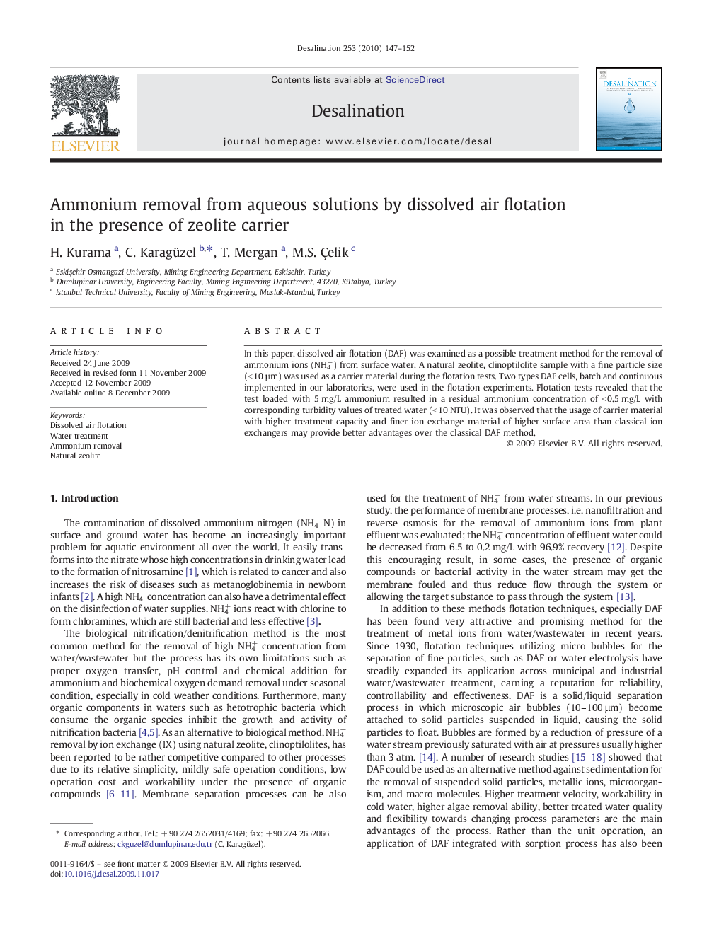 Ammonium removal from aqueous solutions by dissolved air flotation in the presence of zeolite carrier