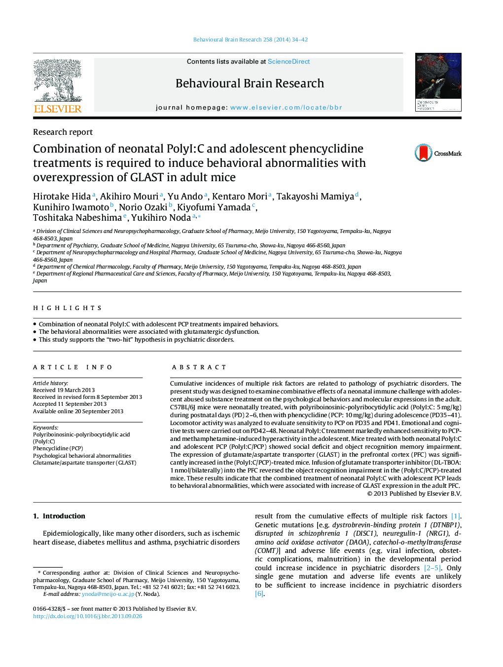 Research reportCombination of neonatal PolyI:C and adolescent phencyclidine treatments is required to induce behavioral abnormalities with overexpression of GLAST in adult mice