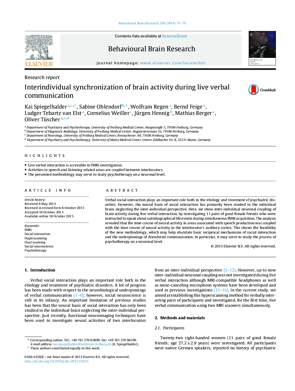 Research reportInterindividual synchronization of brain activity during live verbal communication