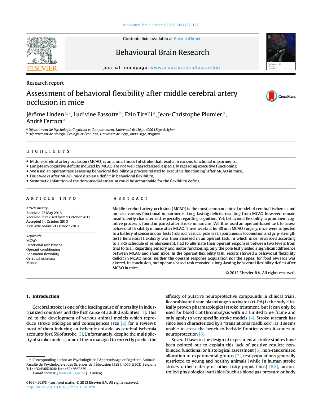 Research reportAssessment of behavioral flexibility after middle cerebral artery occlusion in mice