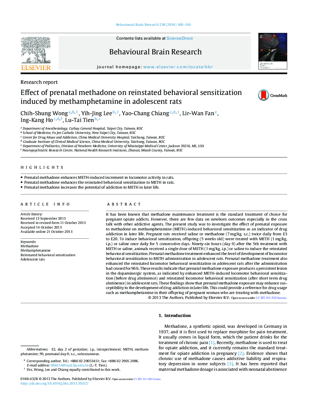 Research reportEffect of prenatal methadone on reinstated behavioral sensitization induced by methamphetamine in adolescent rats