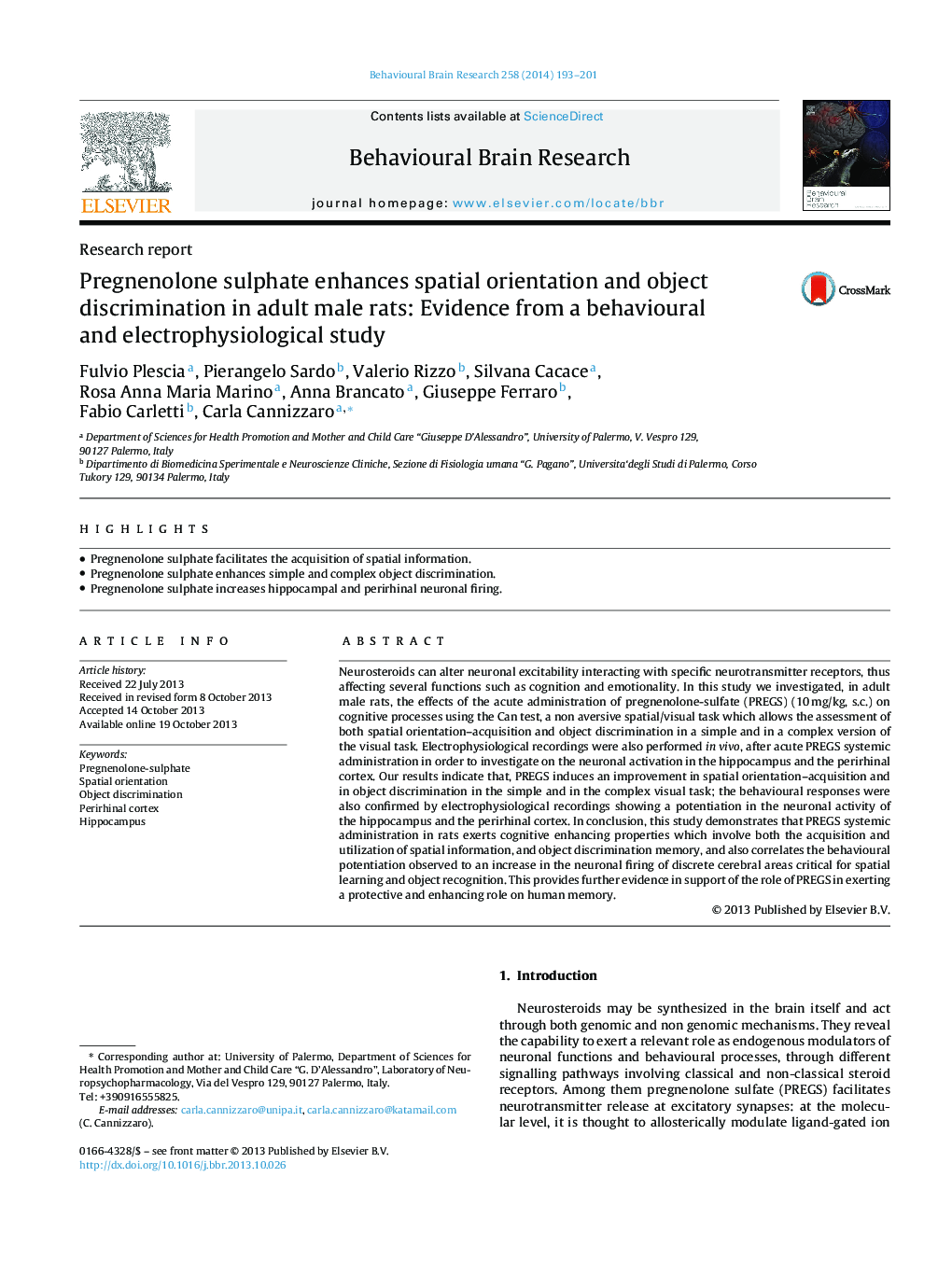 Research reportPregnenolone sulphate enhances spatial orientation and object discrimination in adult male rats: Evidence from a behavioural and electrophysiological study