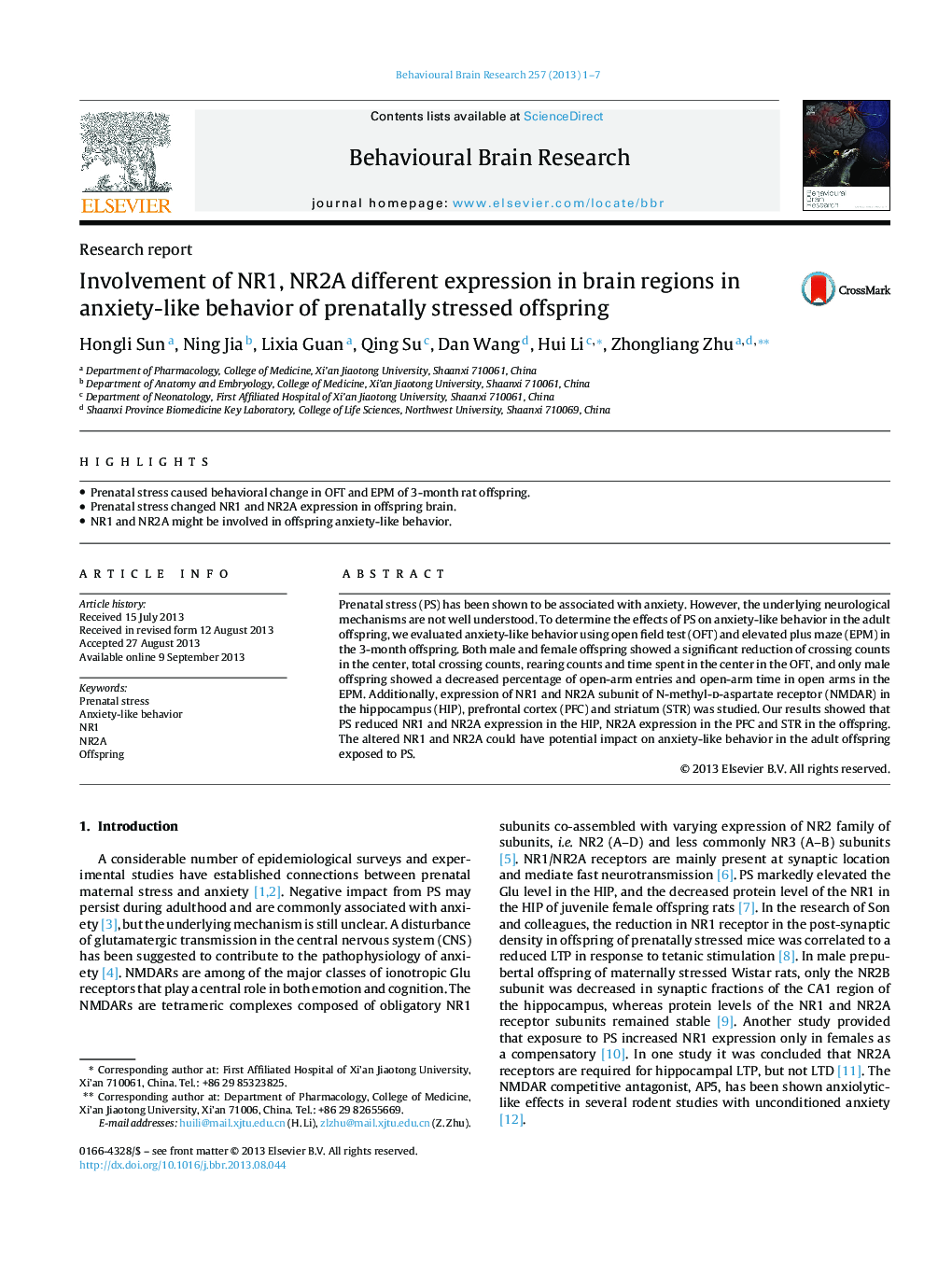 Research reportInvolvement of NR1, NR2A different expression in brain regions in anxiety-like behavior of prenatally stressed offspring