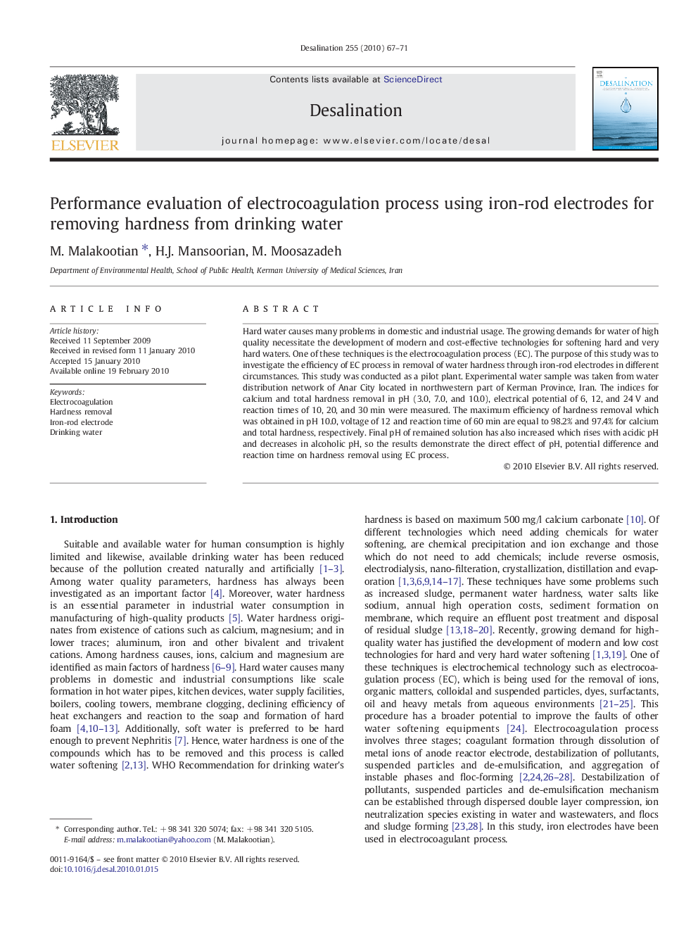 Performance evaluation of electrocoagulation process using iron-rod electrodes for removing hardness from drinking water