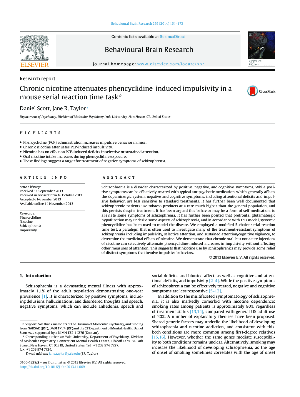 Research reportChronic nicotine attenuates phencyclidine-induced impulsivity in a mouse serial reaction time task