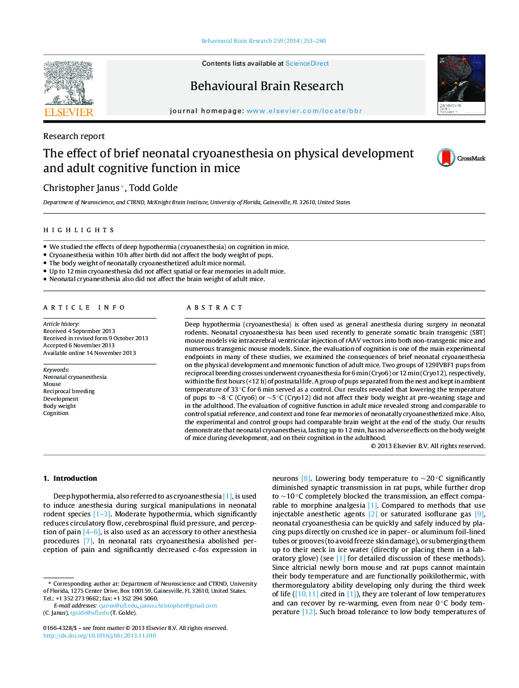 Research reportThe effect of brief neonatal cryoanesthesia on physical development and adult cognitive function in mice