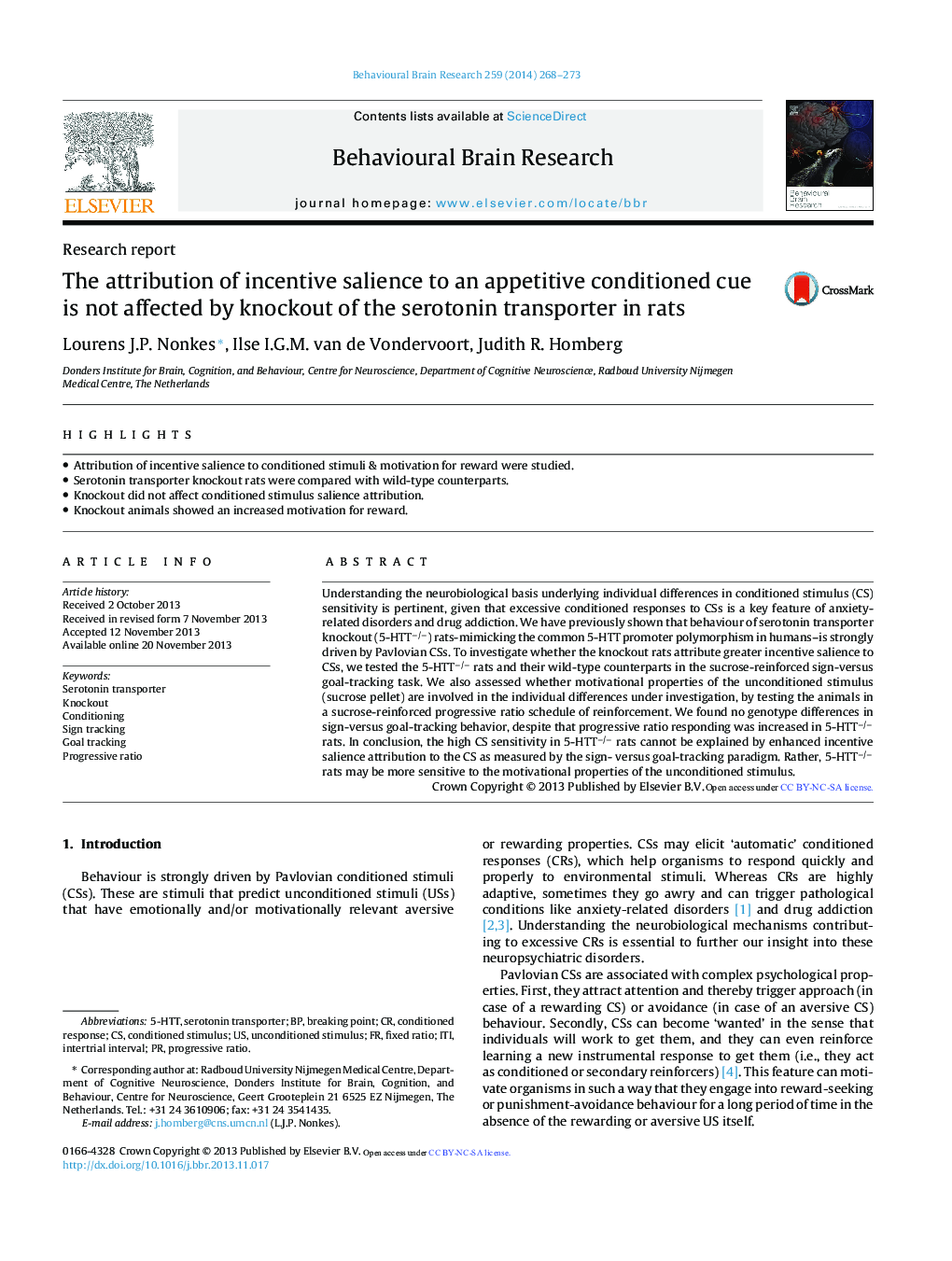 Research reportThe attribution of incentive salience to an appetitive conditioned cue is not affected by knockout of the serotonin transporter in rats