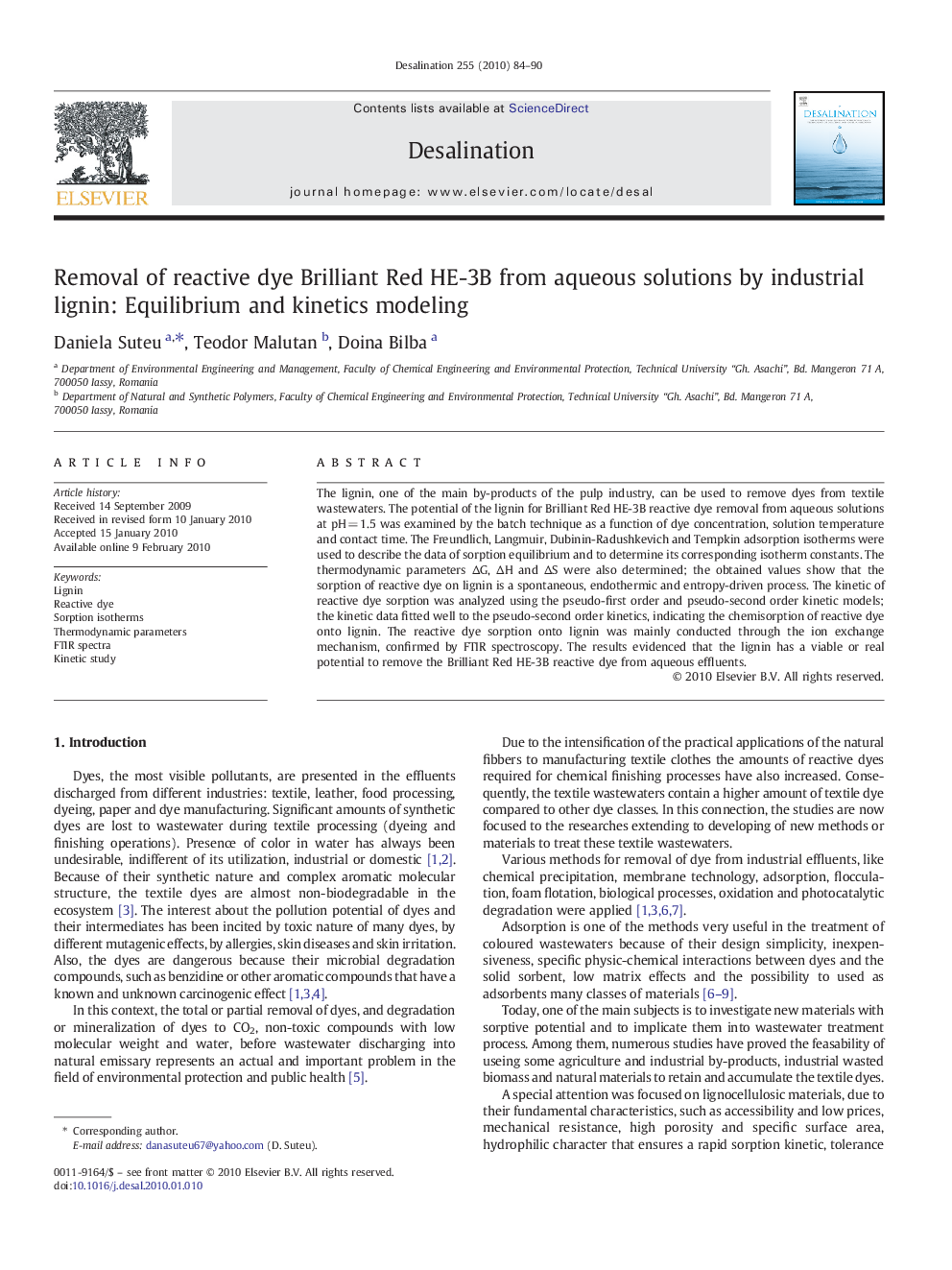 Removal of reactive dye Brilliant Red HE-3B from aqueous solutions by industrial lignin: Equilibrium and kinetics modeling