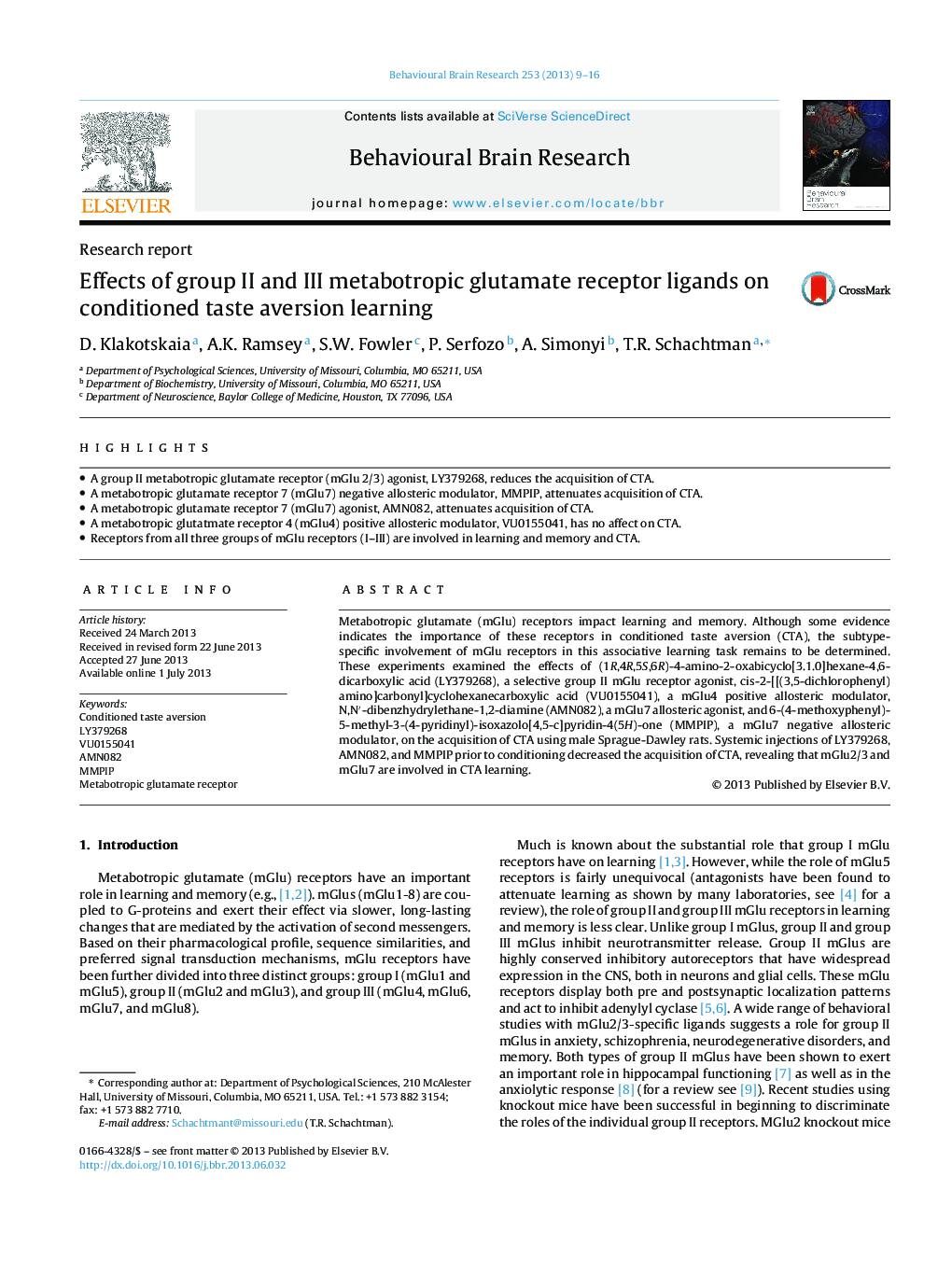 Research reportEffects of group II and III metabotropic glutamate receptor ligands on conditioned taste aversion learning