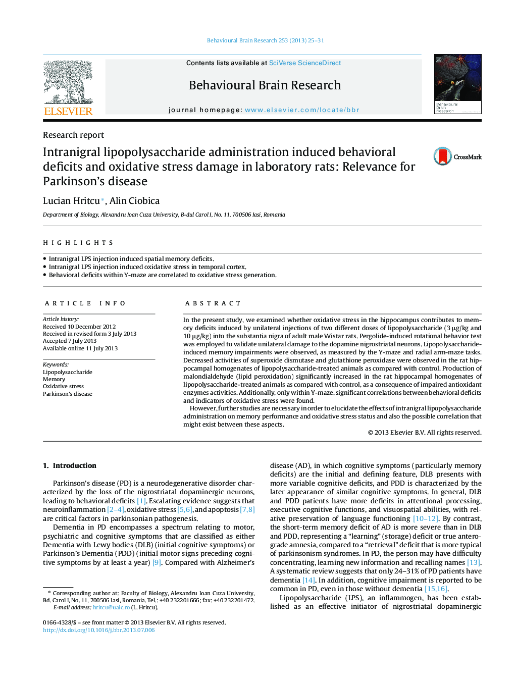 Research reportIntranigral lipopolysaccharide administration induced behavioral deficits and oxidative stress damage in laboratory rats: Relevance for Parkinson's disease