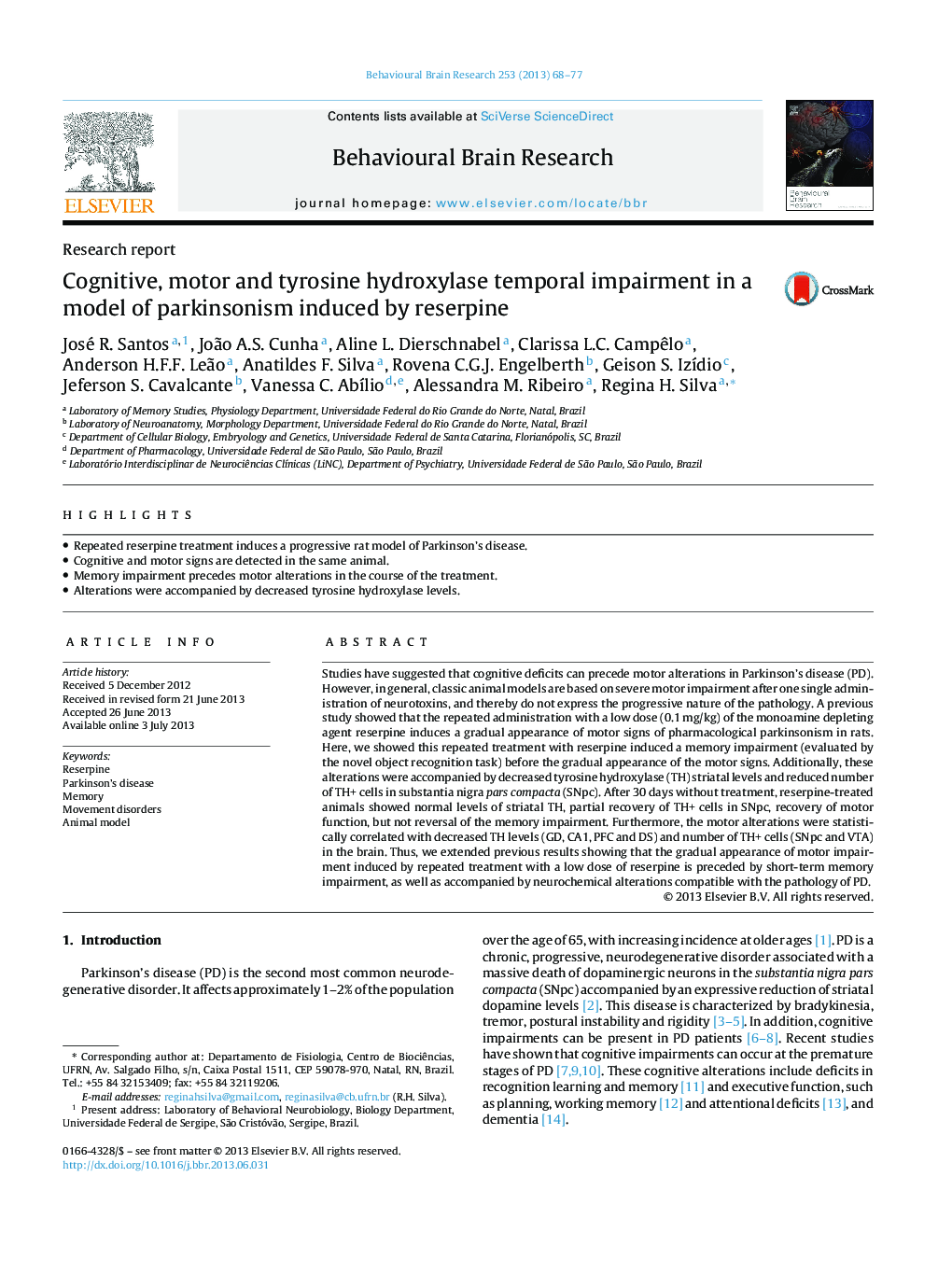 Research reportCognitive, motor and tyrosine hydroxylase temporal impairment in a model of parkinsonism induced by reserpine