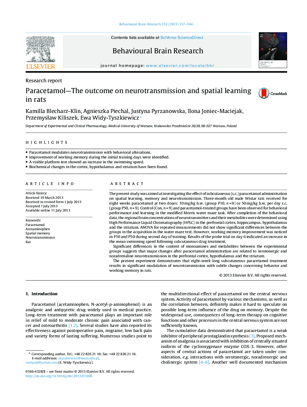 Research reportParacetamol-The outcome on neurotransmission and spatial learning in rats