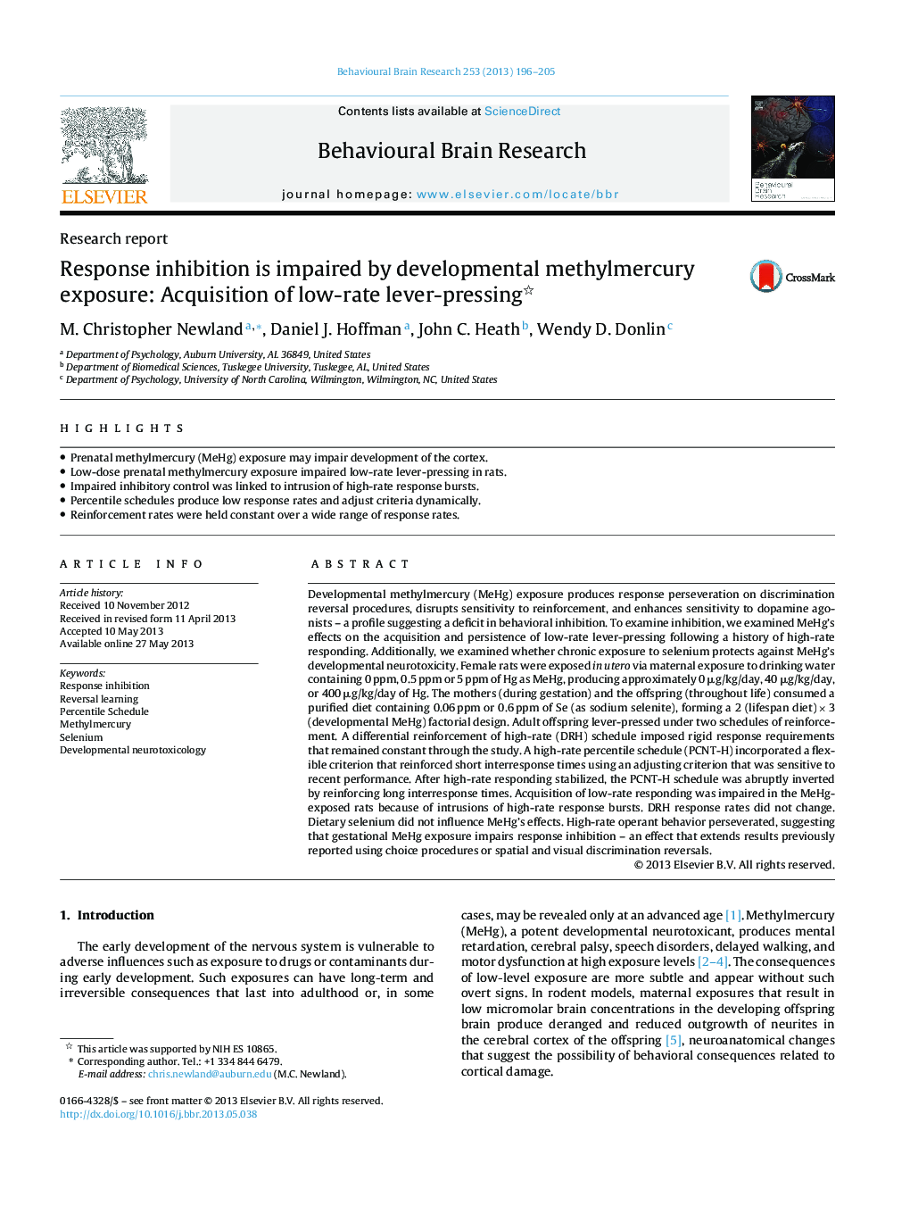 Research reportResponse inhibition is impaired by developmental methylmercury exposure: Acquisition of low-rate lever-pressing