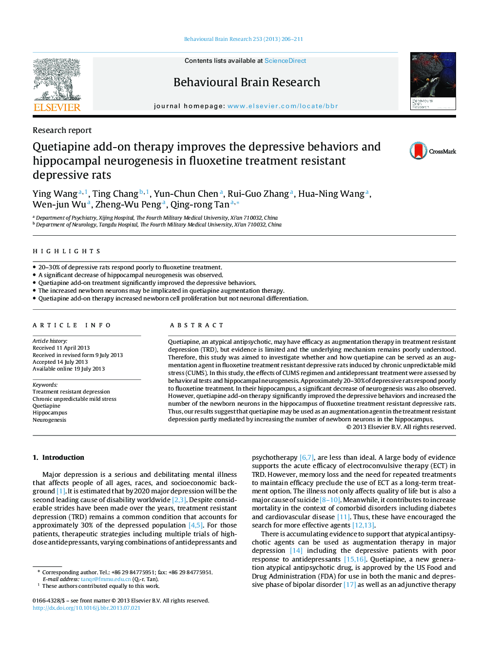 Research reportQuetiapine add-on therapy improves the depressive behaviors and hippocampal neurogenesis in fluoxetine treatment resistant depressive rats