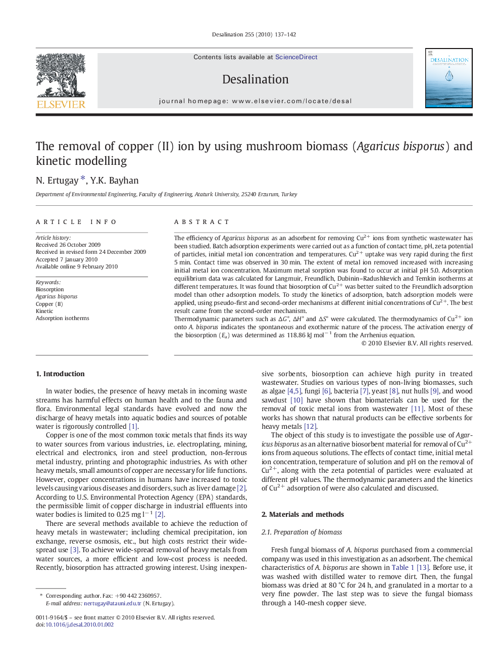 The removal of copper (II) ion by using mushroom biomass (Agaricus bisporus) and kinetic modelling