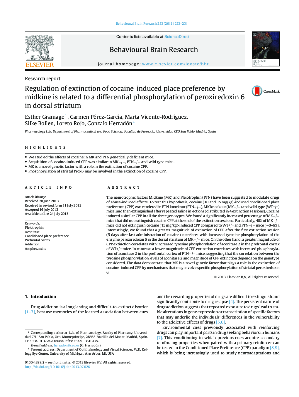 Research reportRegulation of extinction of cocaine-induced place preference by midkine is related to a differential phosphorylation of peroxiredoxin 6 in dorsal striatum