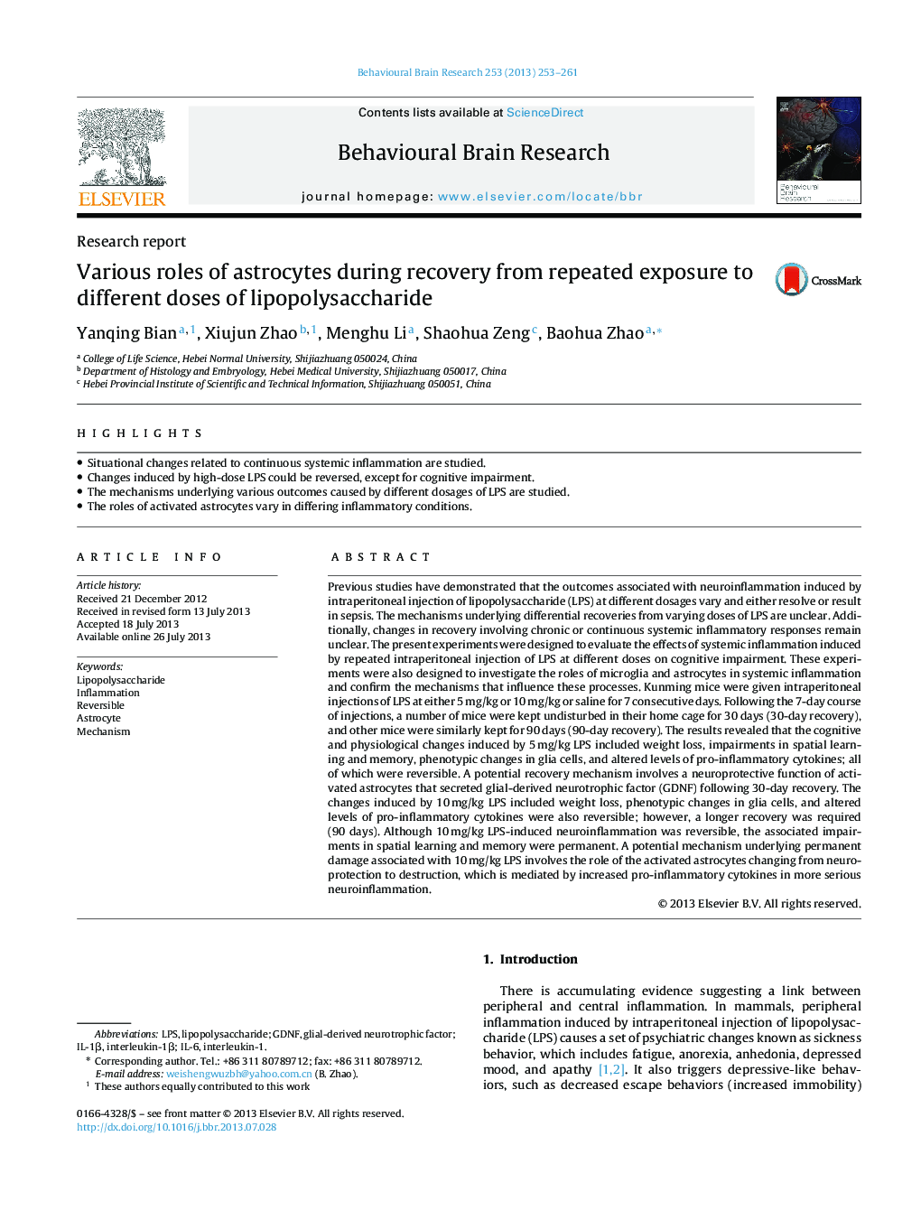 Research reportVarious roles of astrocytes during recovery from repeated exposure to different doses of lipopolysaccharide