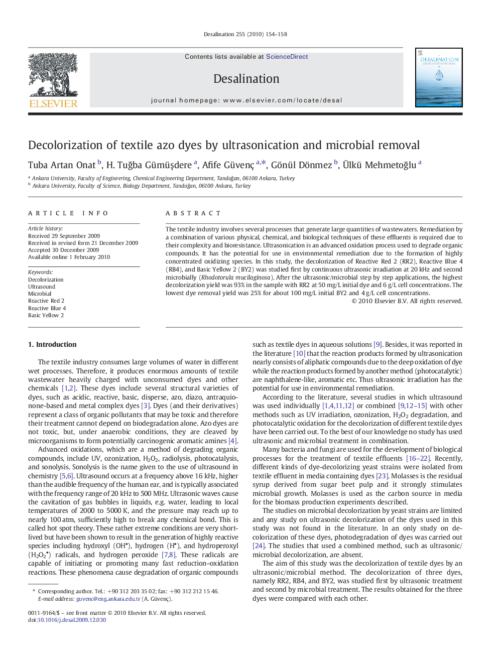 Decolorization of textile azo dyes by ultrasonication and microbial removal