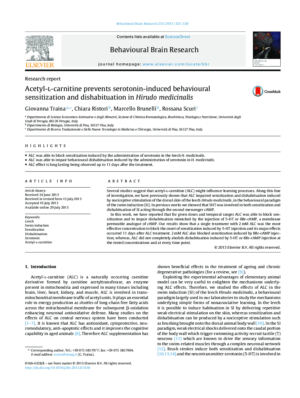 Research reportAcetyl-l-carnitine prevents serotonin-induced behavioural sensitization and dishabituation in Hirudo medicinalis