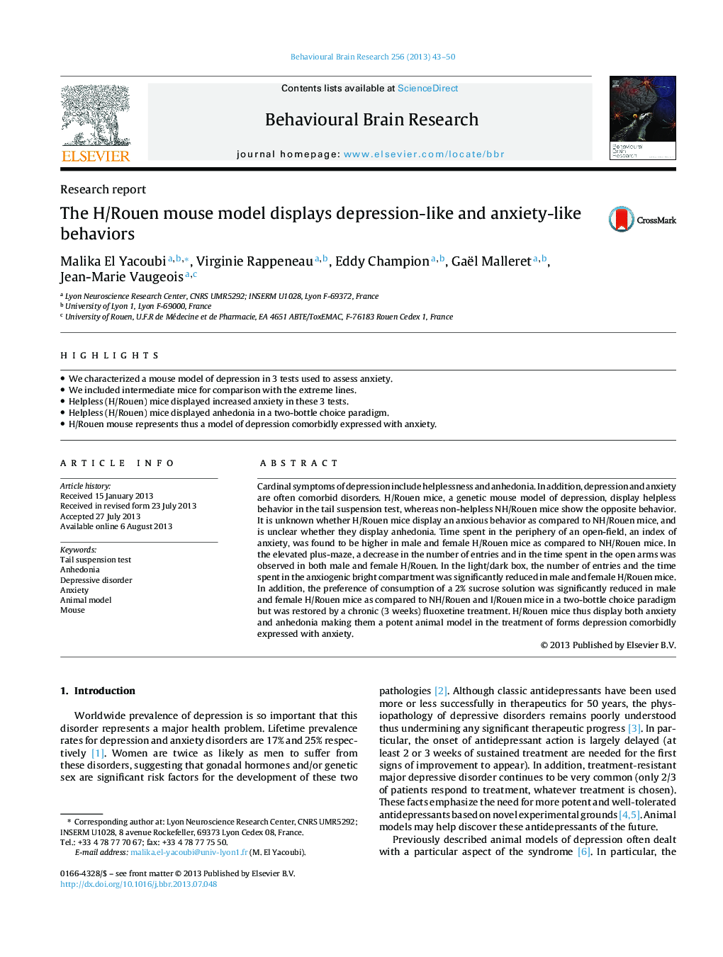 Research reportThe H/Rouen mouse model displays depression-like and anxiety-like behaviors