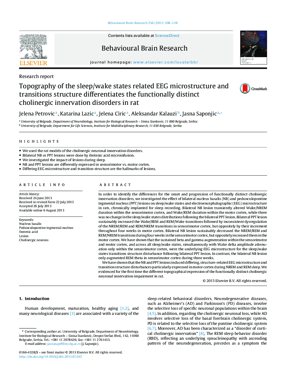 Research reportTopography of the sleep/wake states related EEG microstructure and transitions structure differentiates the functionally distinct cholinergic innervation disorders in rat