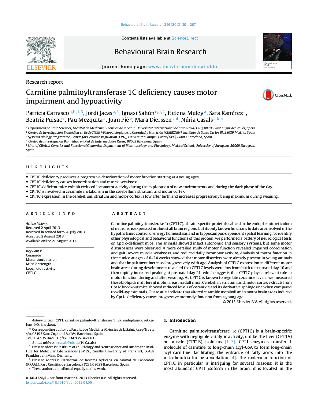 Carnitine palmitoyltransferase 1C deficiency causes motor impairment and hypoactivity