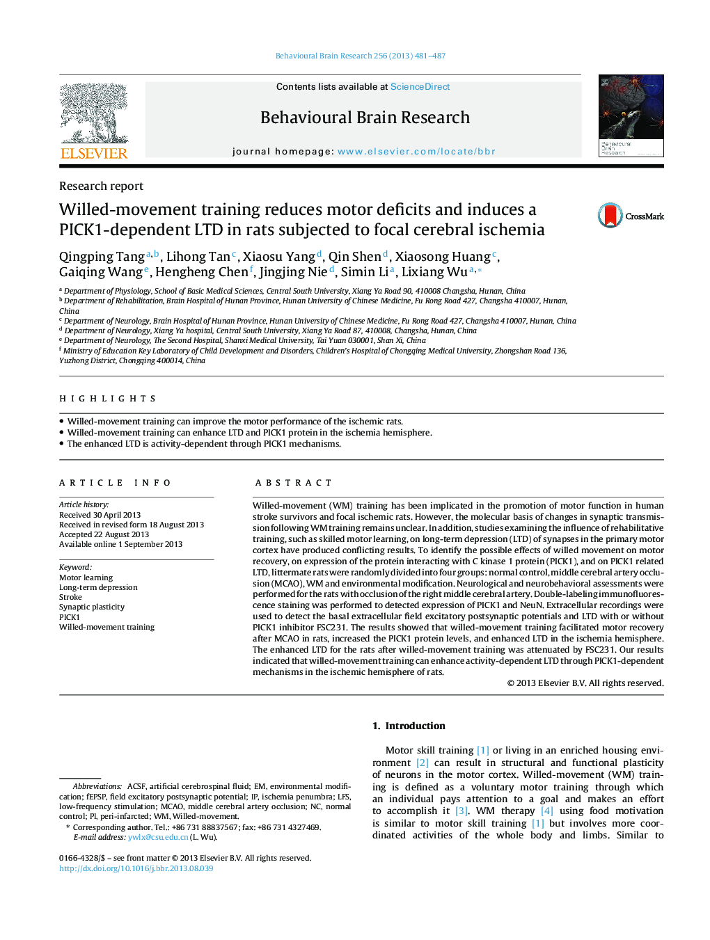 Research reportWilled-movement training reduces motor deficits and induces a PICK1-dependent LTD in rats subjected to focal cerebral ischemia