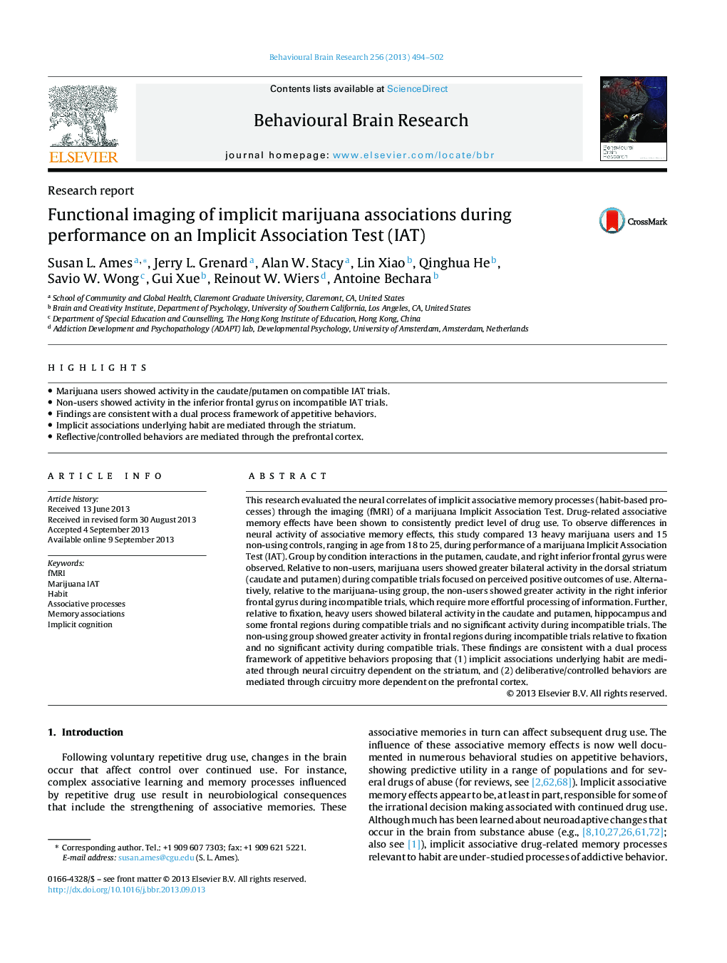 Research reportFunctional imaging of implicit marijuana associations during performance on an Implicit Association Test (IAT)