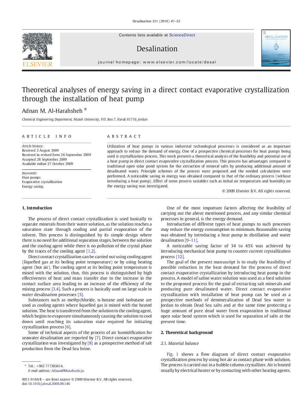 Theoretical analyses of energy saving in a direct contact evaporative crystallization through the installation of heat pump