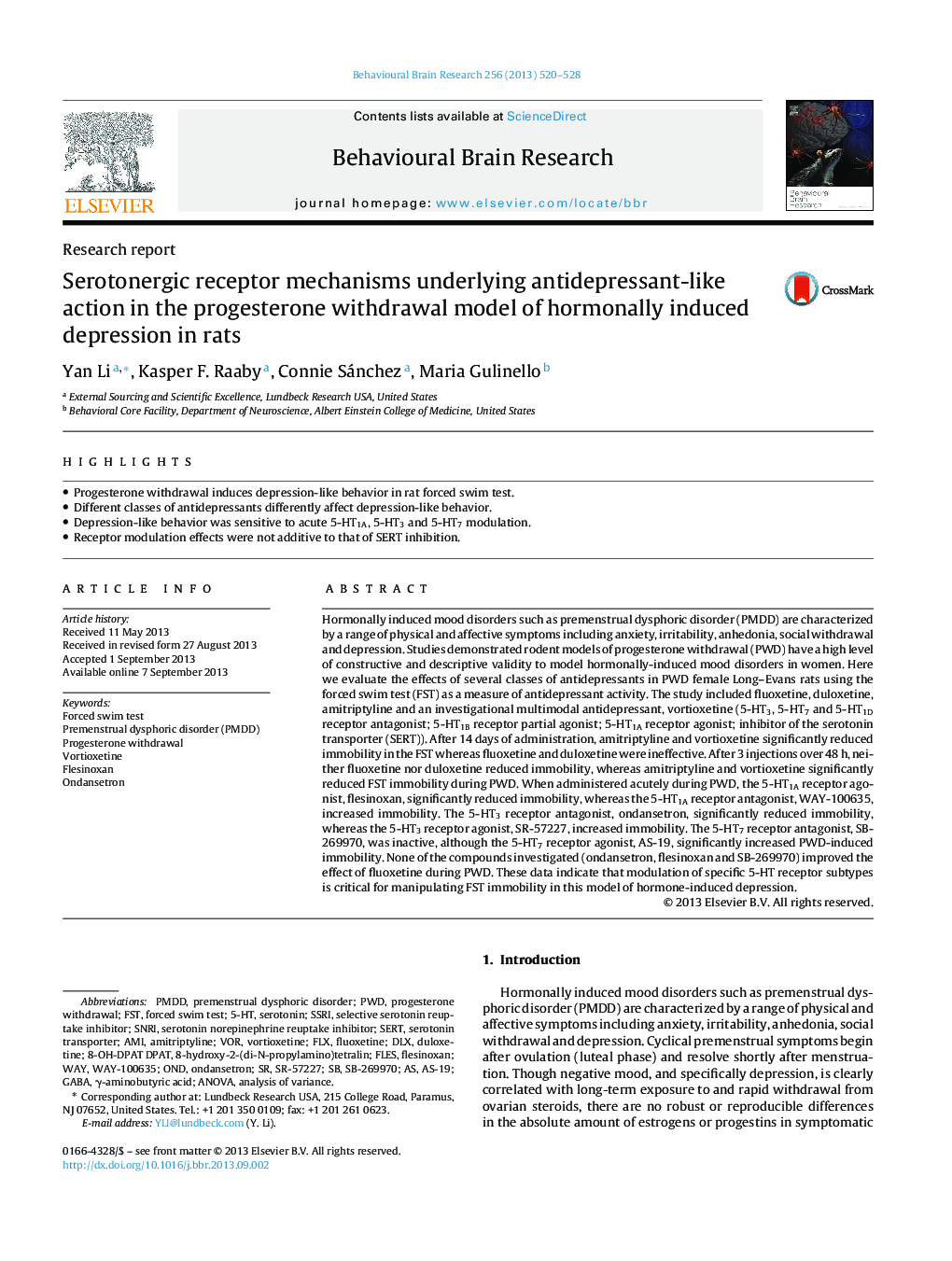 گزارش تحقیقاتی مکانیسم گیرنده های سروتونرژیک مبتنی بر اثر ضد افسردگی در مدل برداشت پروژسترون از افسردگی ناشی از هورمون در موش صحرایی 