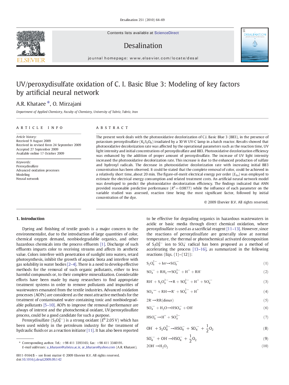 UV/peroxydisulfate oxidation of C. I. Basic Blue 3: Modeling of key factors by artificial neural network