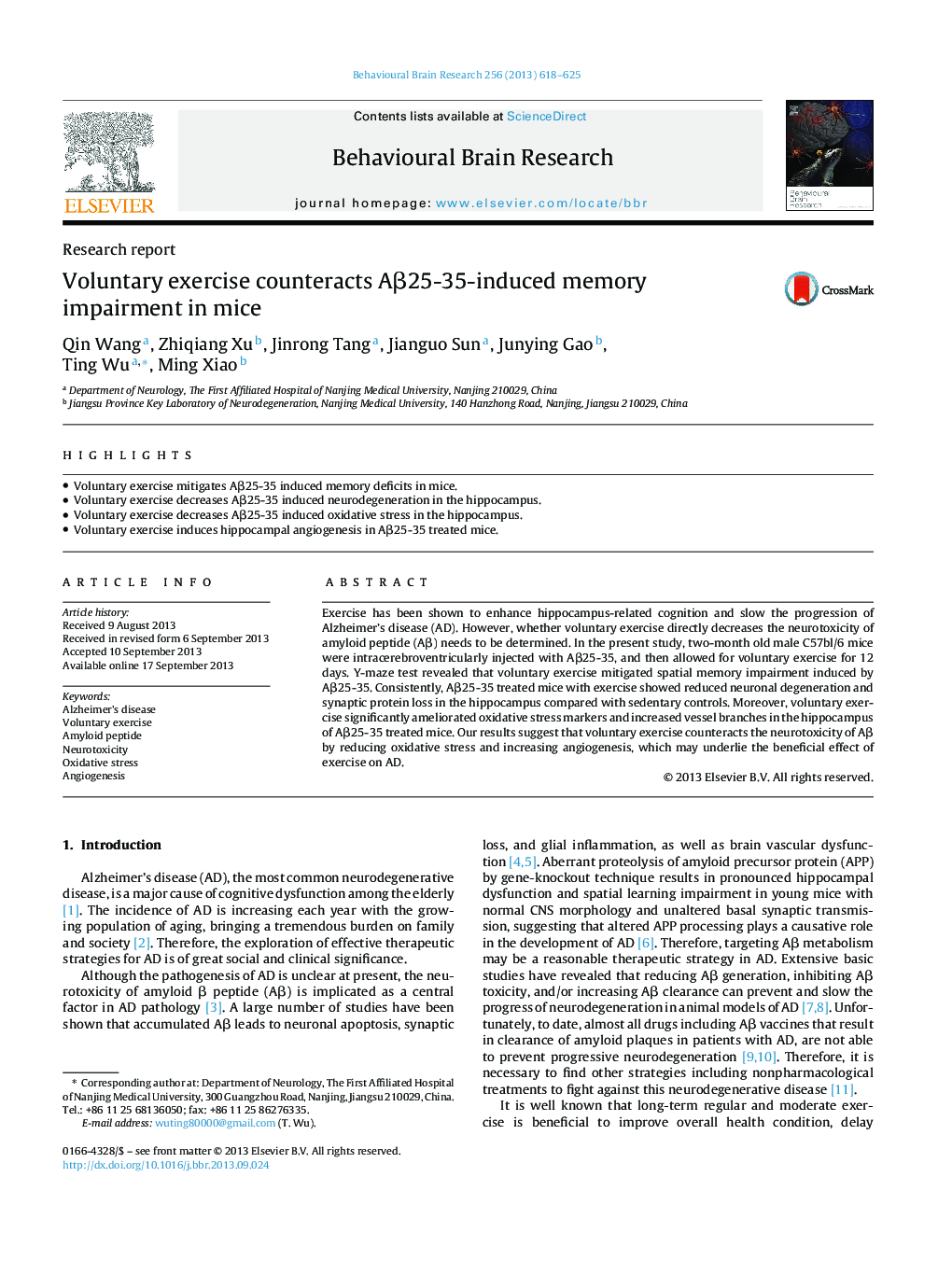 Research reportVoluntary exercise counteracts AÎ²25-35-induced memory impairment in mice